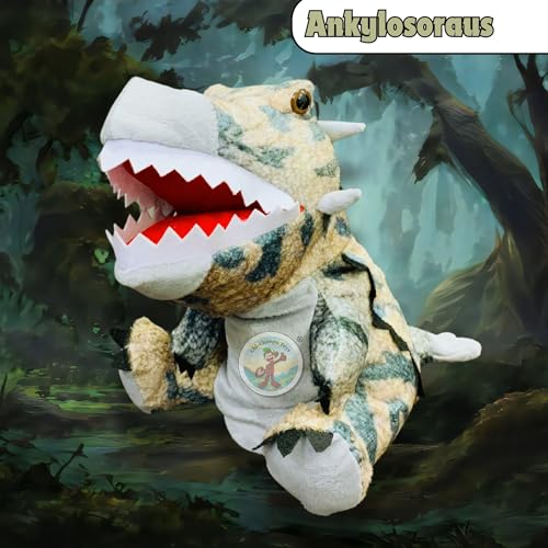 Image of Chi-Chimpu's Open Mouth Ankylosoraus Dinosaur Hand Puppet for Kids | Soft Plush Animal Puppet for Storytelling Fun Play Learning Hands Puppets Toy with Movable Mouth | Interactive Pretend Play, Grey