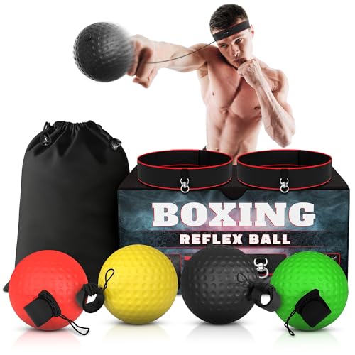 Boxing Reflex Balls Set - 4 Same Weight Color Balls 2 Adjustable Headbands for Reaction Time Training Hand-Eye Coordination Hand Speed and Focus | Beginner to Advanced Drills Boxing Training Kit
