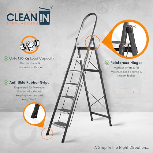 Image of CLEAN IN 7 Step Premium Foldable Household Steel Ladder ~ for Home, Garage, Kitchen. Wide & Anti-Skid Steps, 150 kg Load Capacity, Reinforced Hinges ~ (Shades of Grey)