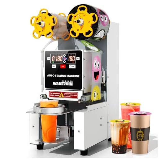 WantJoin Cup Sealing Machine Full Automatic Cup Sealer Machine 90/95mm Electric Cup Sealing Machine 500-600 Cups/H Digital Control LED Panel Cup Sealer for Boba Bubble Milk Tea Coffee Drink Lid Sealer