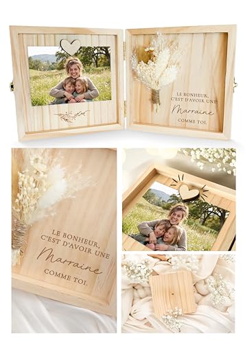 Joli Coon Coffret cadeau marraine en bois - Le bonheur c'est d'avoir une marraine comme toi - Coffret cadeau haut de gamme en bois 14 x 14 x 3 cm