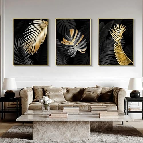 Triptyque feuilles dorées style nordique pour créer un salon chaleureux et design