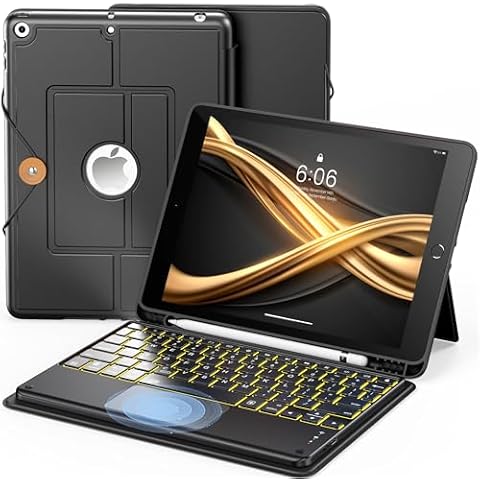 INFILAND Keyboard Case for iPad 9th/8th/7th Generation (10.2 Inch), 7-Color Backlight & High Precision Trackpad, Slim and Portable Detachable Folder Style Keyboard Case with Pencil Holder,Black Cover