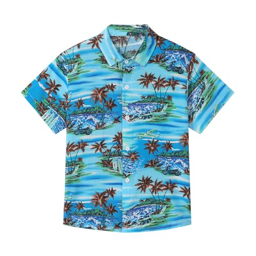 Miyanuby Camisas hawaianas de verano de manga corta con botones para niños, camisa tropical floral de palmeras para playa, camisa de vacaciones, Palmera azul #2, 9-10 años