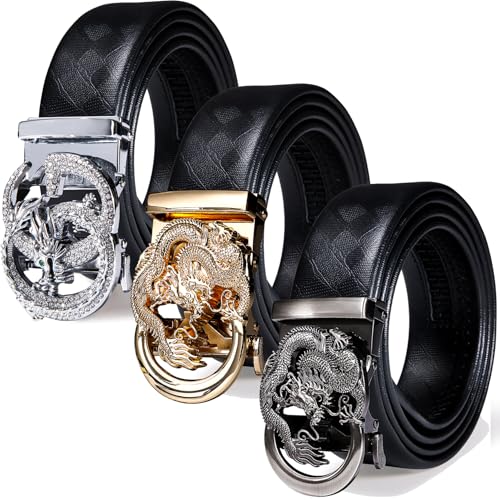 Image of Barry.Wang Ratchet Belt 3 Buckles Gift Set Mens Belts Grain Leather Automatic Buckle 1 3 /8 inch Father's Day Business Wedding