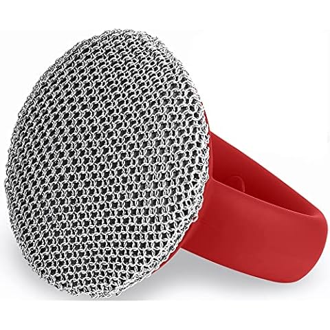 Porlik Cast Iron Cleaner Brush with Handle, Upgrade Soldered Round Chainmail Scrubber Brush, Metal Scrub Brush to Clean Iron Skillet, Cast Iron Cookware Cleaning Brush Cover