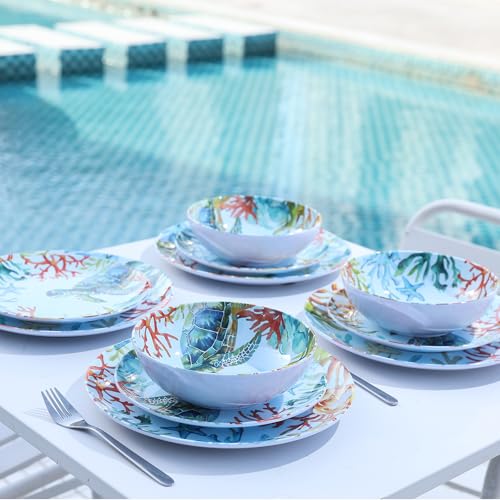 Image of 12-Piece Melamine Turtle Dinnerware Set, Ocean Plate and Bowl Sets