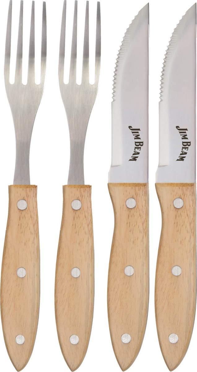 Jim Beam BBQ Gabel- und Steakmesser-Set, 4-teilig (je 2x Gabel und Steakmesser) mit Parawood-Griffen