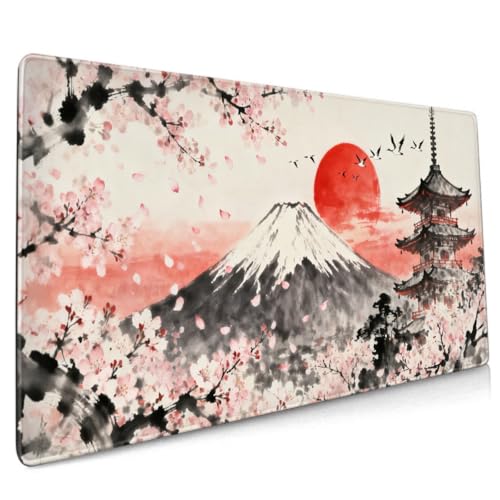 Image of Japanese Cherry Blossoms Mouse Pad 35.4x15.7 XXL Black Gray Pink Red Watercolor Design Extended Large Mousepad Keyboard Mouse Mat Desk Pad with Non-Slip Rubber Base Stitched Edges for Home Office Game