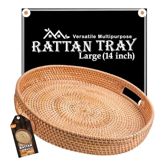 HOMESSENT Round Rattan Tray 14x 2.6 Inches - Natural Rustic & Sturdy Wicker Tray with Cut-Out Handles - Hand Woven Tray for Storage & Decoration – Lightweight Tray for Serving Coffee, Fruits & Drinks