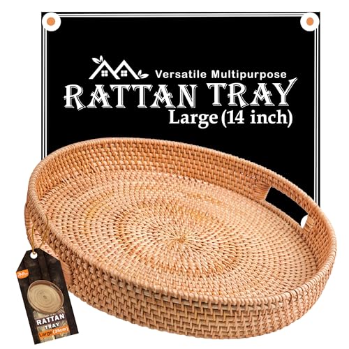 HOMESSENT Round Rattan Tray - Large -14 x 2.75 Inches- Natural Sturdy Round Wicker Tray with Cut-Out Handles- Hand Woven for Storage & Decoration – Basket for Serving Coffee, Fruits & Drinks