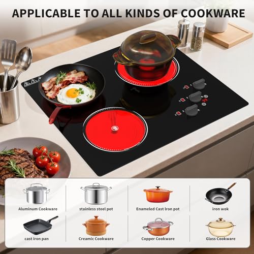 Image of GIHETKUT Electric Cooktop, 220V 5000W Stove Top, 9 Power Levels, Kids Lock & Timer, Hot Surface Indicator, Overheat Protection,knob and touch control 3 Burner Electric cooktop