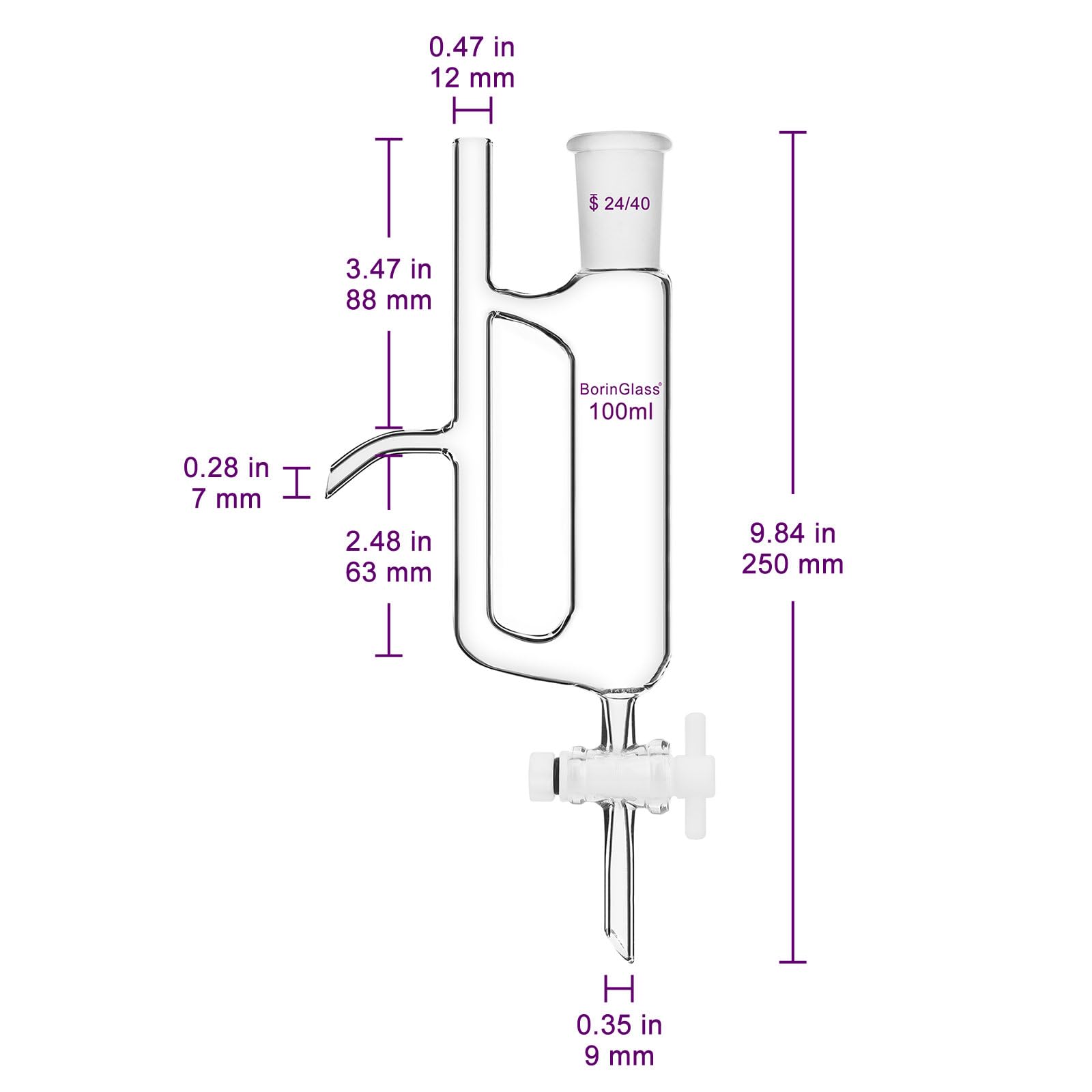 BorinGlass Separatore acqua olio con joint 24/40, imbuto in vetro borosilicato per una separazione precisa del liquido, 100 ml