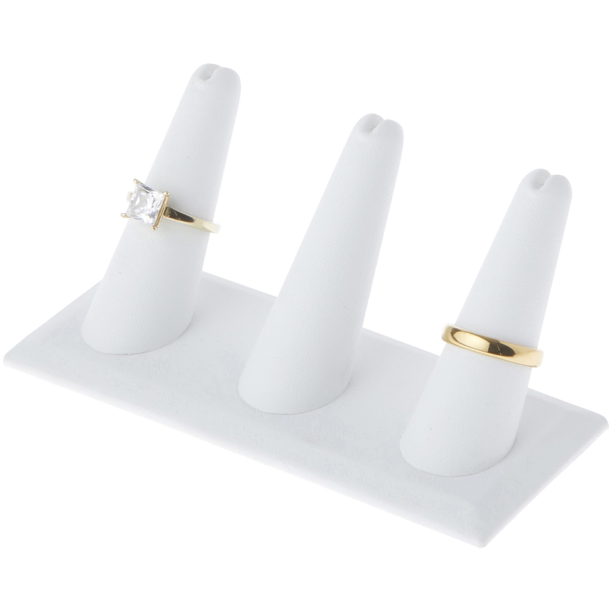 Plymor White Faux Leather Ring Finger Display, Three on Rectangular Base, 4.875