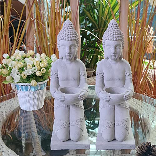 Kante 12.8" H Set Of 2 Cement Composite Buddha Statues Tealight Candle Holders Ornament, Natural Concrete Indoor/Outdoor Tabletop Décor #TOP3