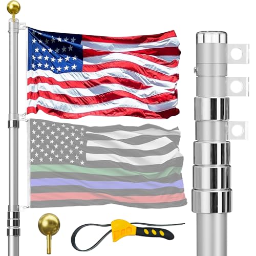 IIOPE 30FT Telescoping Flag Pole for Outside House, Extra Thick Telescopic Flagpole with USA Flag, Inground Outdoor Use, Camper RV, Residential & Commercial, Complete Hardware & Top Ball (Silver)