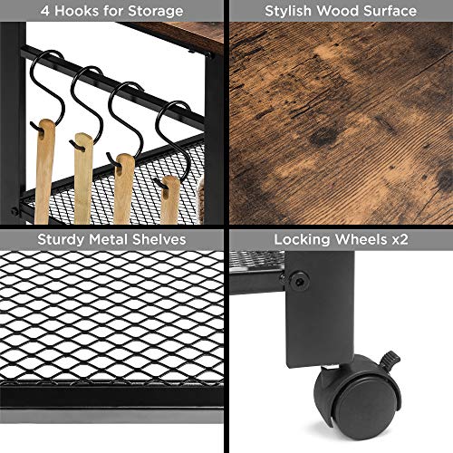 Best Choice Products 3-Tier Microwave Cart Rolling Utility Coffee Bar Serving Cart Organizer For Kitchen, Living Room Accent Furniture W/ 2 Metal Storage Shelves, 4 Hooks, Wood Finish Top, Wheel Locks #TOP5