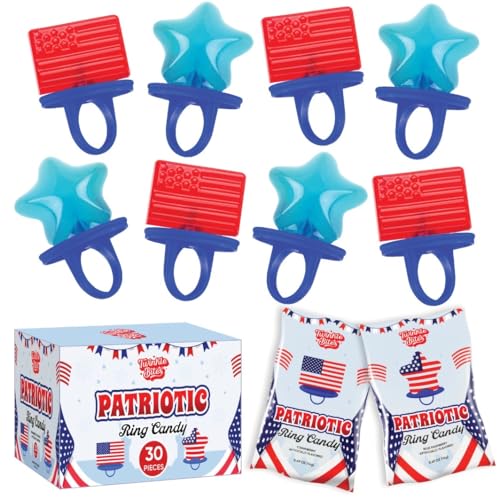 30 Pack Patriotic Ring Candy - Individually Wrapped 4th of July Flag & Star Suckers - Strawberry, Tutti Frutti Flavors -Bulk July 4 Red White And Blue Candy - Great Use For, Kids Party Favor, Classroom Parties, BBQ