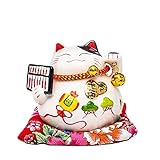 Ziv White Ceramic Maneki Neko Lucky Cat Coin Bank Style Head Flower,Ornately Decorated Porcelain (Abacus, 4.5')