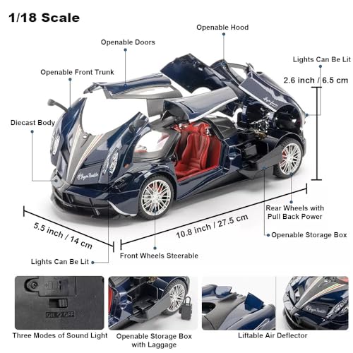 Image of Alokik Enterprise 1:18 Big Size Pagani Huayra Dinastia Diecast Metal Pull Back Car with 6 Openable Doors with Sound and Light Toy Decoration car Best Gift Toys for Kids 【Color As Per Stock】