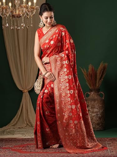 Image of Women's Georgette Kanjeevaram Saree with Woven Ethnic Motif Design, Unstitched Blouse Piece
