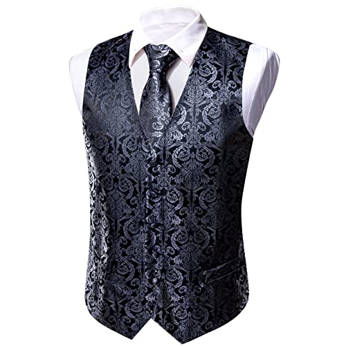 Image of Barry.Wang Black Grey Dress Suit Vest for Men Silk Business Tie Handkerchief Cufflink Waistcoat Formal Tuxedo 5PCS