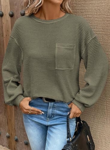 Image of Dokotoo Womens Waffle Knit Tops 2026 Oversized Long Sleeve Crewneck Shirts Business Casual Blouses Basic Shirts