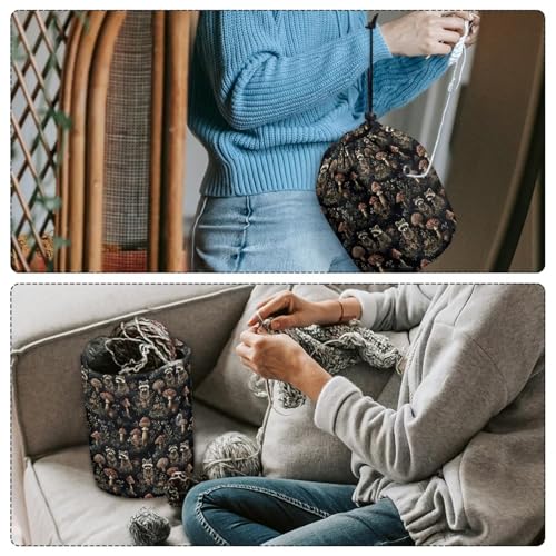 Image of Sellikakes Mushroom Raccoon Yarn Bag with Drawstring, Yarn Holder Crocheting Storage Basket Organizer Crochet Holder for Crocheting Project Store Skein Ball