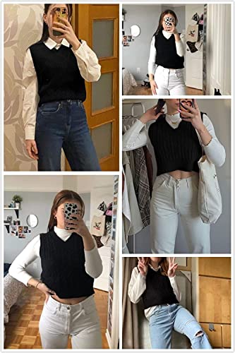 Lailezou Women's V-Neck Knit Sweater Vest Solid Color Argyle Plaid Preppy Style Sleeveless Crop Knit Vest3