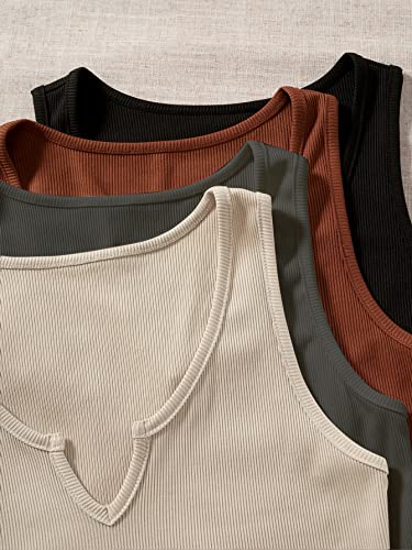 Shein Women's Casual 4 Pieces V Notch Ribbed Knit Tank Top Sleeveless Solid Crop Tops Black Grey Apricot Brown Small #TOP2