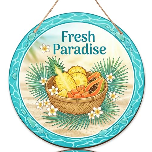 Image of Basket Welcome Sign for Front Door, Tropical Beach Pineapple Papaya Summer Turquoise Wood Door Hanger Welcome Sign Outside Decor for Porch and Entryway Set of 1