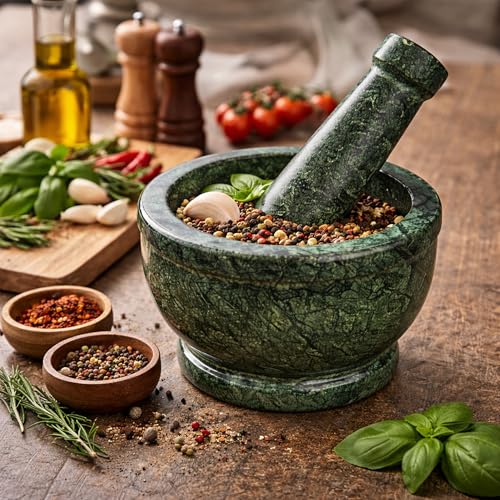 Image of Green Marble Mortar and Pestle Set Stone 4 Inch, Khalbatta, Imamdasta, Kharal, Kundi, Okhli, Musal, Mixer, Silbatta Kitchen tool for Grinding Ingredients.
