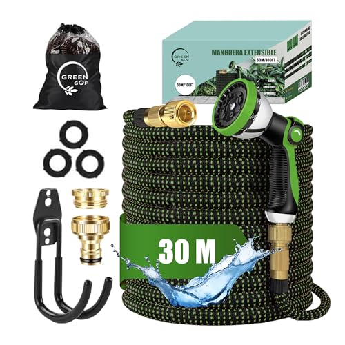 GREENGOF Manguera de Jardín Premium 30 Metros - Boquilla de Pulverización de 10 funciones, Ligera y Extensible - Conectores de Latón y Alta Resistencia con Núcleo de Látex - Color Verde.