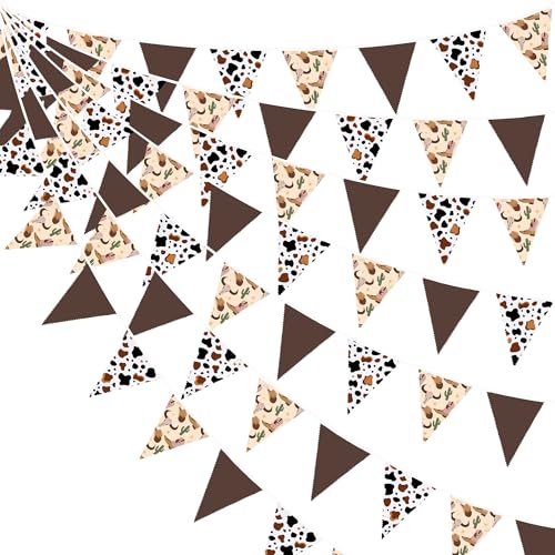 Image of 32Ft Western Cowboy Party Decorations Brown Cow Triangle Flag Fabric Banner Pennant Garland Streamers for Western Cowgirls Birthday Baby Shower Derby Day Yee Haw Farm Cow Wild West Party Decor