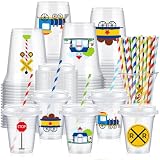 FoldTier 60 vasos temáticos de tren con tapas y pajitas de papel, suministros de regalo de fiesta de cumpleaños