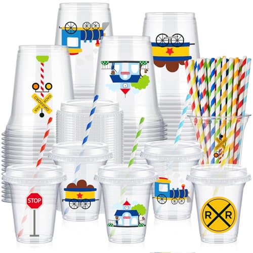FoldTier 60 Set Train Party Favors 14 oz Train Cups Bulk, Transportation Disposable Plastic Cups with Lids and Paper Straws for Baby Shower Birthday Party Supplies Favor Decorations by FoldTier - Used condition - US$22.32