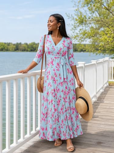 Image of PinkPatty Plus Size Maxi Dresses for Women Casual Flowy Long Dress 3 /4 Sleeve V Neck Wrap Dress with Belt