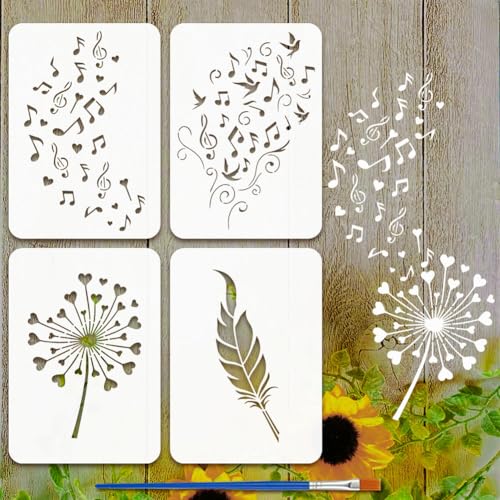 FINGERINSPIRE 4Pcs Pochoir de Peinture de Notes de Musique Avec Pinceau en Plastique 21x29.7cm Plumes Pissenlits Modèle de Dessin Motif de Cœur D'Amour...
