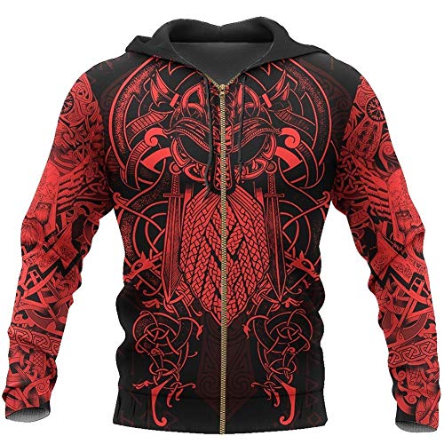 SBRTL Norse Mythology Amulet Costumes, The Raven of Odin Tattoo Vikings 3D Printed Unisex Hoodie,Red Zipper,L