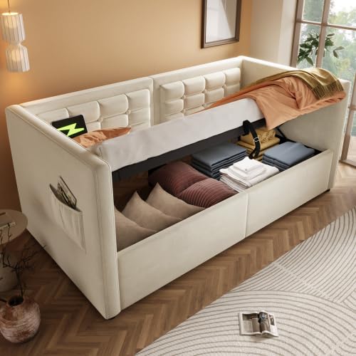 Merax Upholstered Kids Daybed with USB & Type-C Charging Station, Hydraulic Storage Sofa Bed, 3FT Single Bed 90 x 190 cm, Velvet Beige β No Mattress Included
