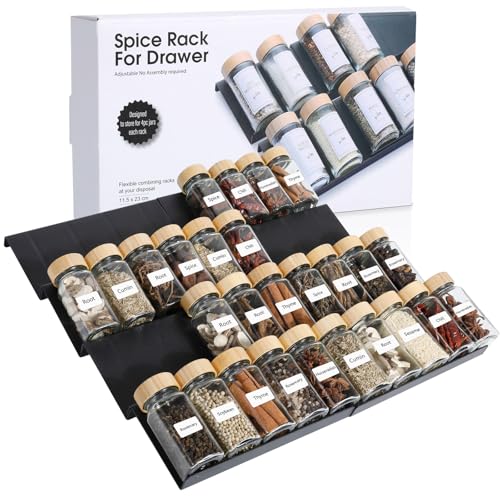 AiQInu Especiero para Cajones 8 Piezas, Organizador de Cajones de Especias, Estante Especias Extensible de 23 a 46 cm, para Almacenamiento de Cocina, Encimera, Armario, Estante