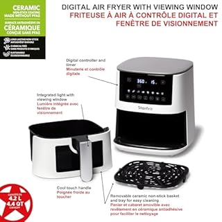Starfrit Friteuse électrique numérique à air – Capacité de 4,2 L – Surface antiadhésive en céramique – 8 fonctions prédéfinies – Fenêtre de visualisation – 1400 W