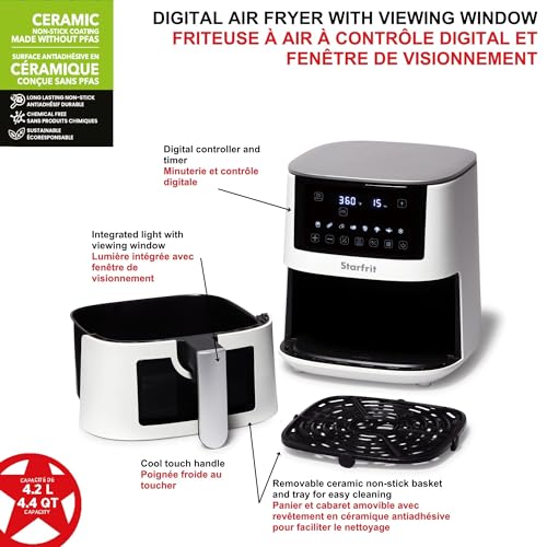 Image of Starfrit Electric Digital Air Fryer - 4.2L Capacity - Ceramic Non-Stick Surface - 8 Preset Functions - Viewing Window -1400W