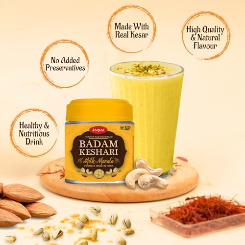 Image of JAWAI Badam Keshari Milk Masala (100 gms) | Masala Milk |Dryfruits based Healthy & Nutritious Drink Mix | Pishori Pistachio | Californian Almonds | Kashmiri Saffron | (Badam Keshari Milk Masala)