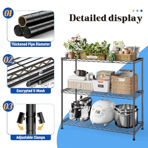 Image of 3- Shelf Metal Shelving Unit 35.6Wx14Dx36H,Adjustable Storage Shelves Heavy Duty Garage Steel Shelving for Office,Wire Rack Small Shelf for Kitchen Shelves Laundry Bathroom Pantry Closet Black,2pc