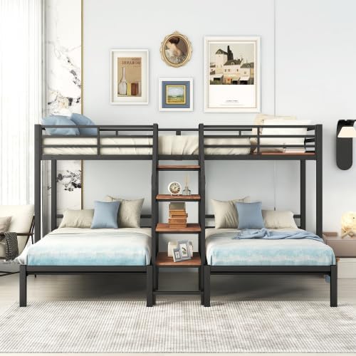 Metal Triple Bed with Storage Shelves and Staircase, Twin Over Twin Metal Bunk Bed Frame for Kids & Teens (Black, Twin)