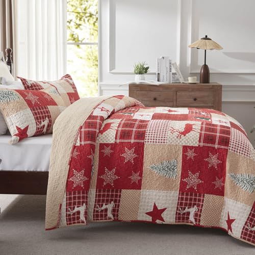 LEAONME Christmas Quilt Set 3-Piece Full Queen Size Bedspread Coverlet 90''x98'' Lightweight Patchwork Oversized Bedding Set with 2 Pillow Shams for All Seasons