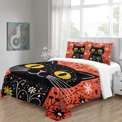 Housse de couette imprimé 3D fleurs et chat avec fermeture éclair 3pcs