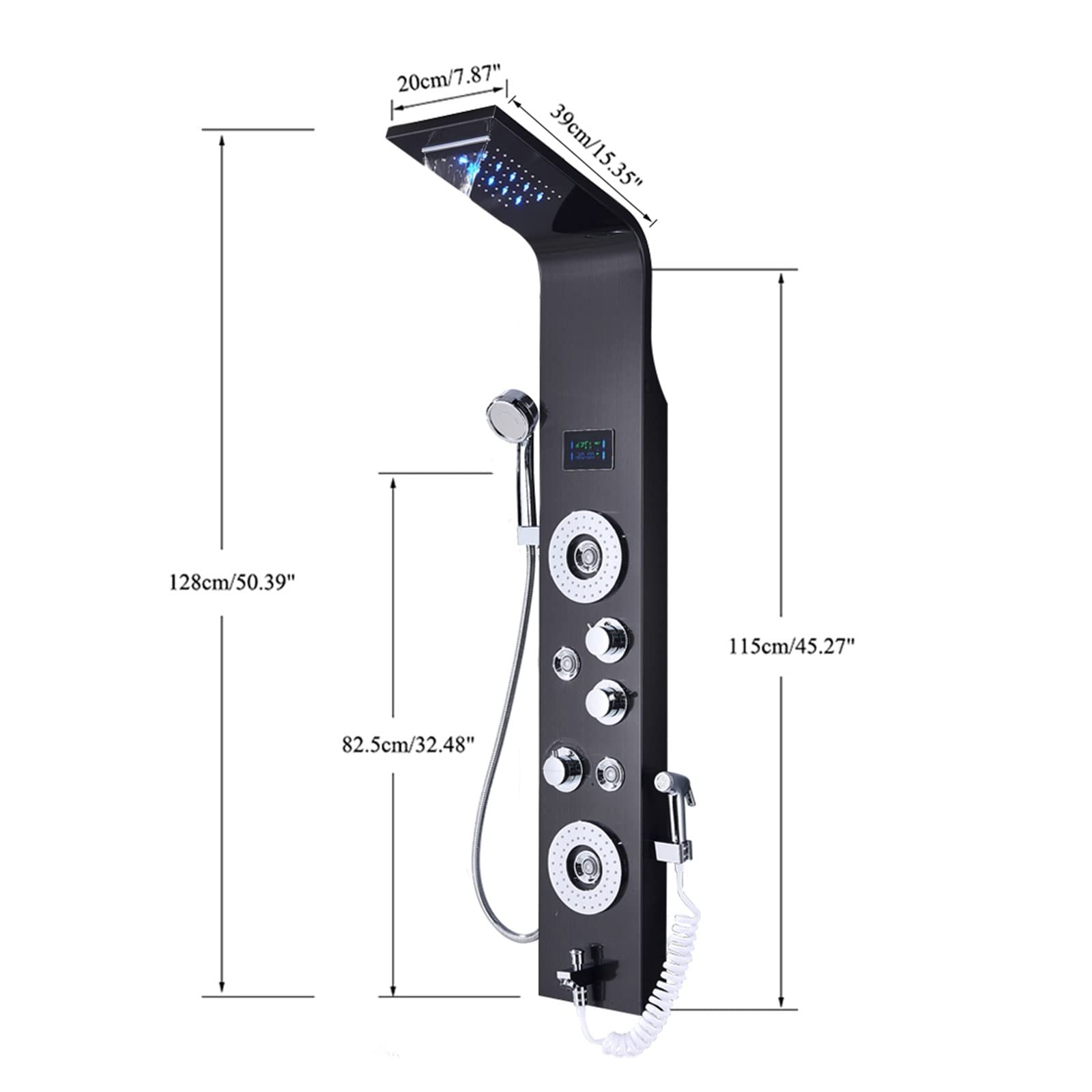 Juego de mezclador termostático de níquel negro para ducha, panel de ducha LED con 6 funciones, columna de ducha de lluvia y cascada, bañera de hidromasaje, ducha y bidé (modelo 8006 1)