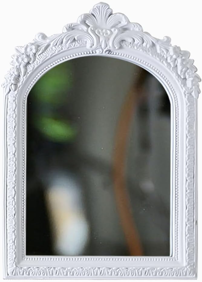 10” x 7” Small White Vintage Antique Resin Baroque Mirror, Decorative for Hanging Wall and Tabletop
